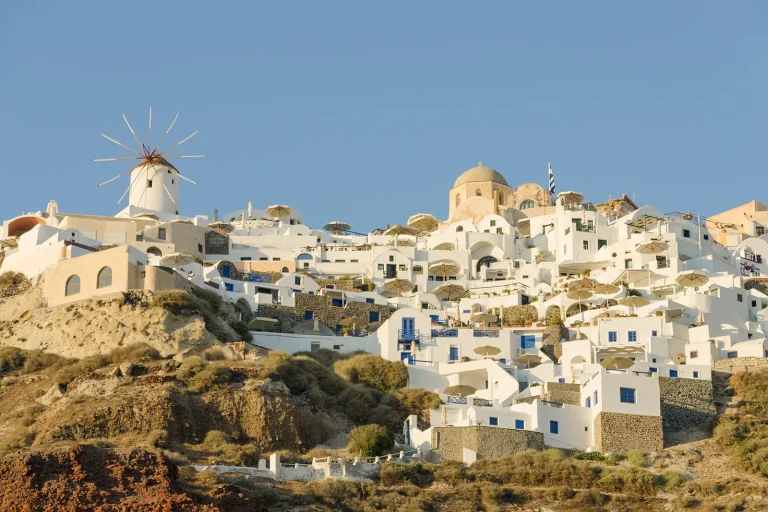 Whitewashed houses on the Santorini caldera under a clear sky